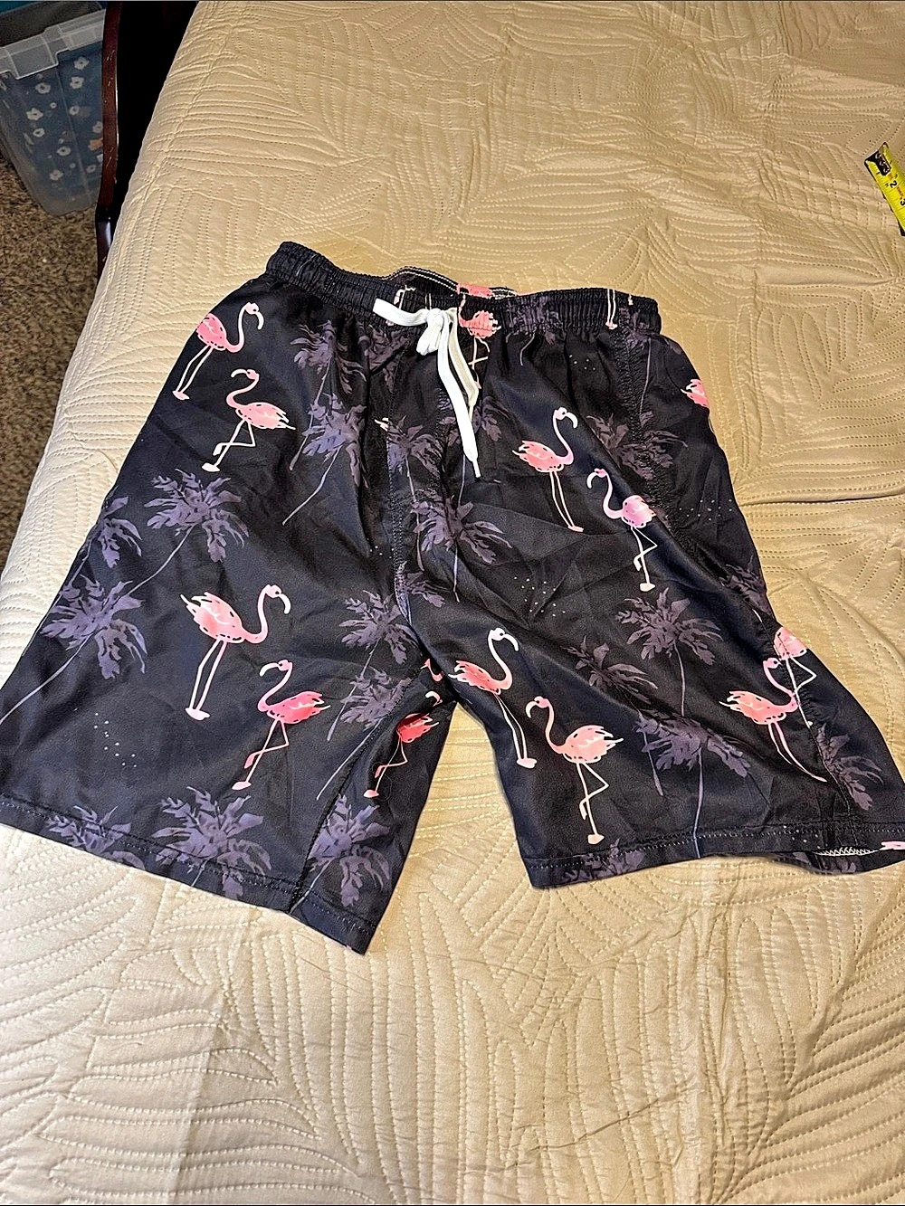 Flamingo Print Swim Trunks in Black & Pink Like New Large